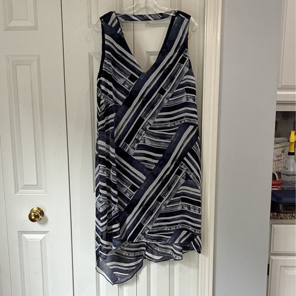 Dana Buchman Blue/White Striped Chiffon Wrap Dress V-Neck Sleeveless Lined 14